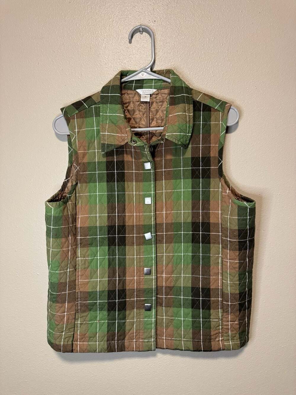 Christopher & Banks Vest Size M Green Brown Plaid Quilted Snap